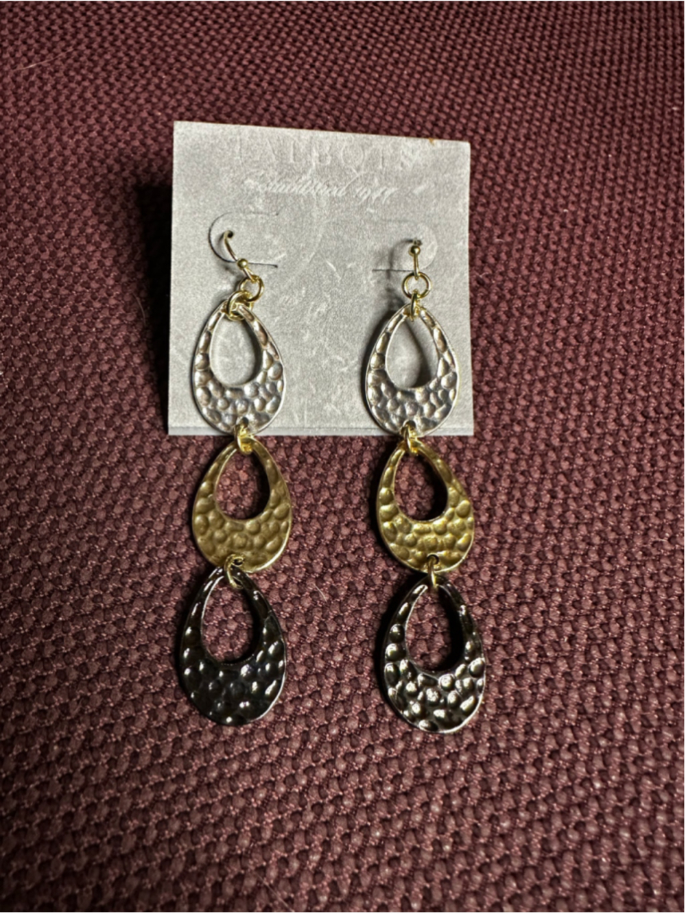 Talbots Gold, Silver and Gunmetal Tone Hammered Teardrop Earrings